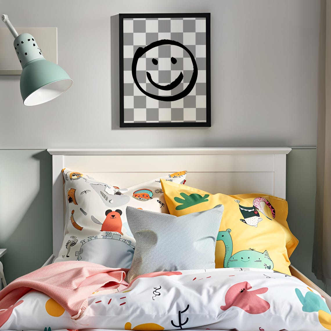 Retro Smiley Face Checkerboard Poster Grey Groovy Kids Room Decor - Image 4