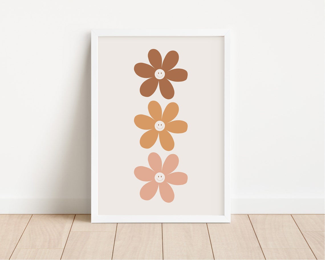 Smiling Daisy Flowers Poster Retro Earth Tones Boho Nursery Room Decor - Image 2