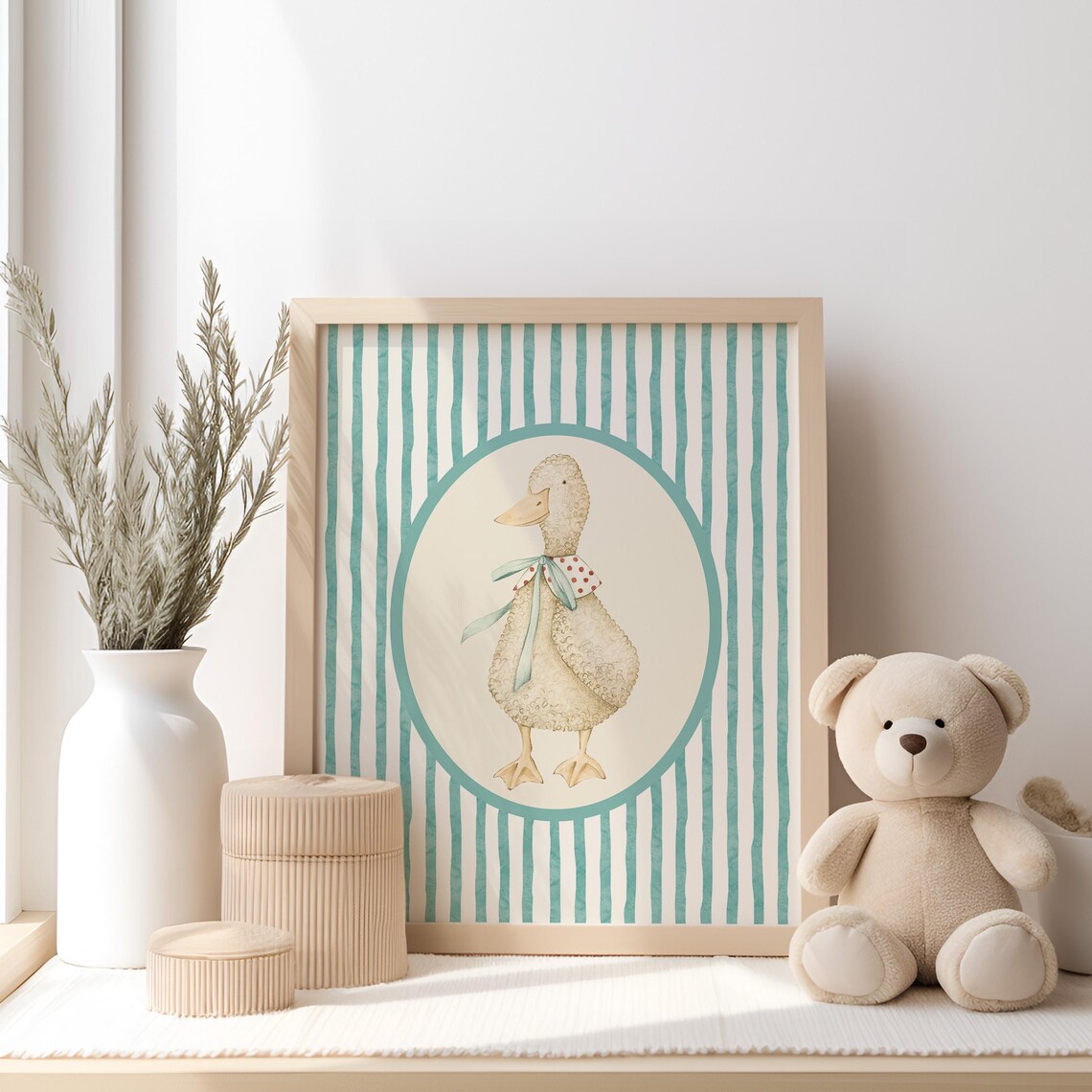 Duckling Watercolor Teal Stripes Cute Nursery Animal Art Poster