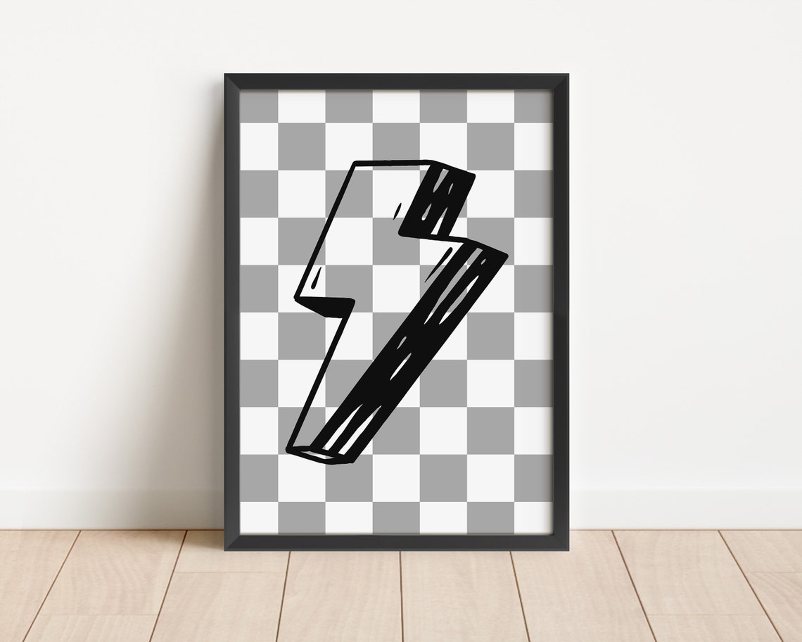 Lightning Bolt Grey Checkerboard Neutral Kids Room Art Poster - Image 3