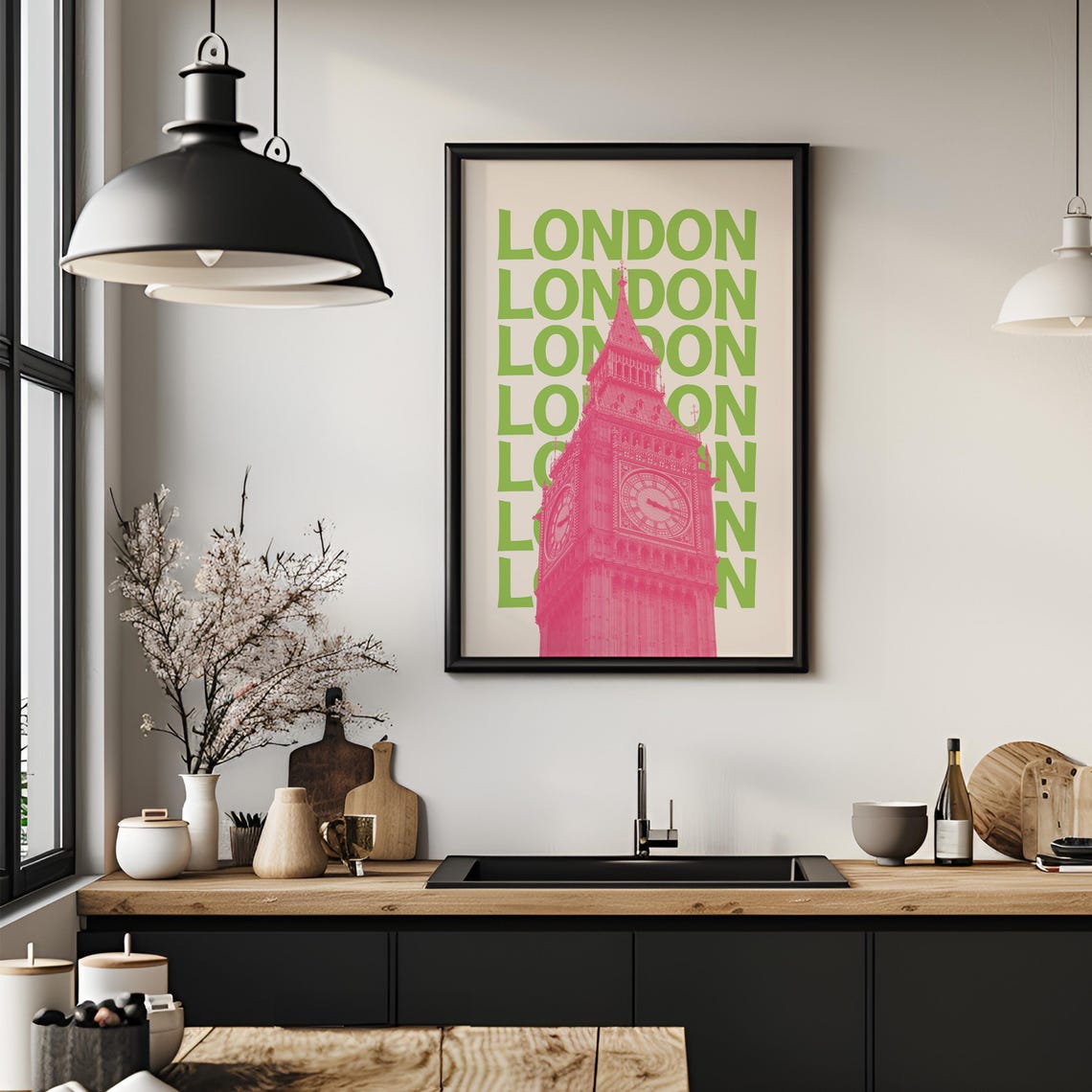 London Retro Green Pink Big Ben Clock Tower England Travel Poster - Image 4