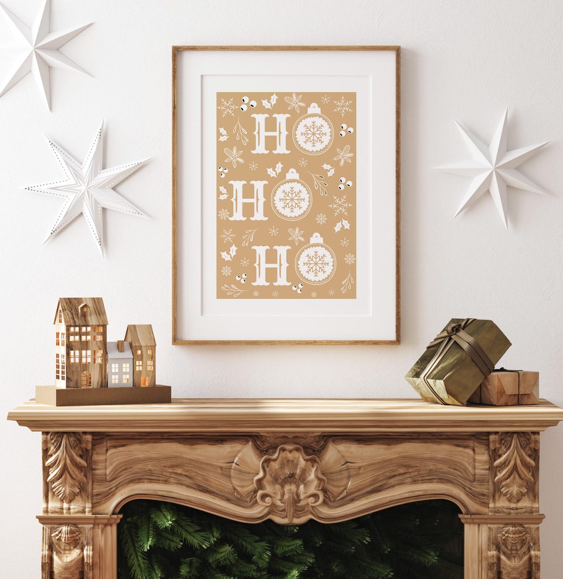 Ho Ho Ho Christmas Typography Ornaments Snowflakes Tan Poster - Image 4