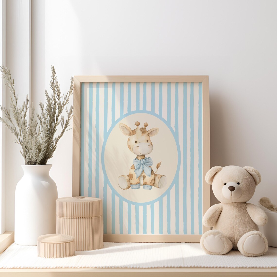 A Sweet Baby Giraffe Blue Striped Safari Nursery Watercolor Poster