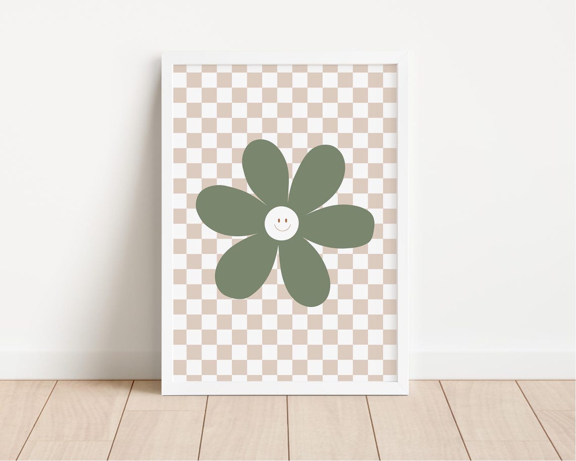 Smiling Daisy Flower Sage Green Checkerboard Nursery Art Poster