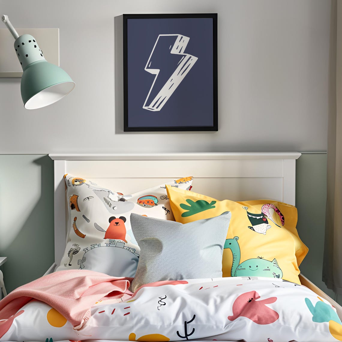 White Lightning Bolt Navy Blue Bold Kids Bedroom Decor Poster - Image 2