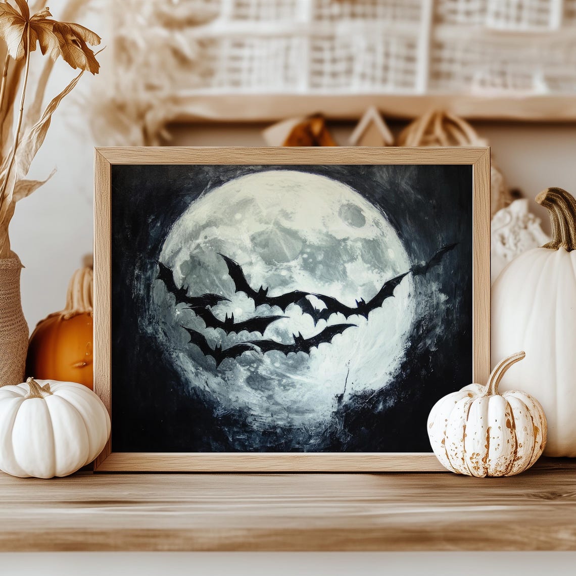 Silhouette Bats Flying Across Full Moon Moody Black Halloween Poster - Image 2