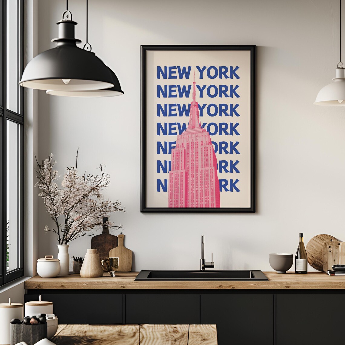 New York Retro Blue Pink Empire State Building Travel Poster - Image 4