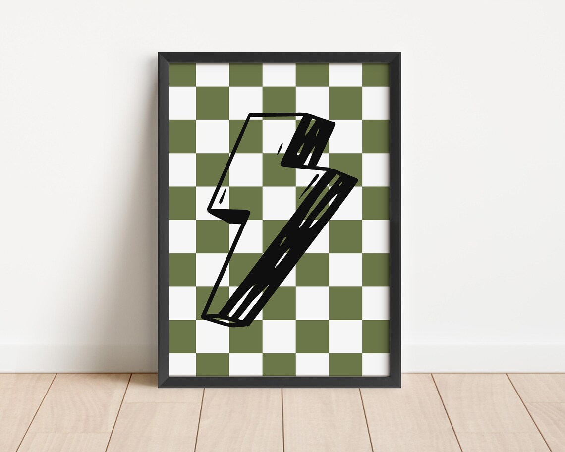 Retro Lightning Bolt Sage Green Checkerboard Kids Room Poster - Image 2