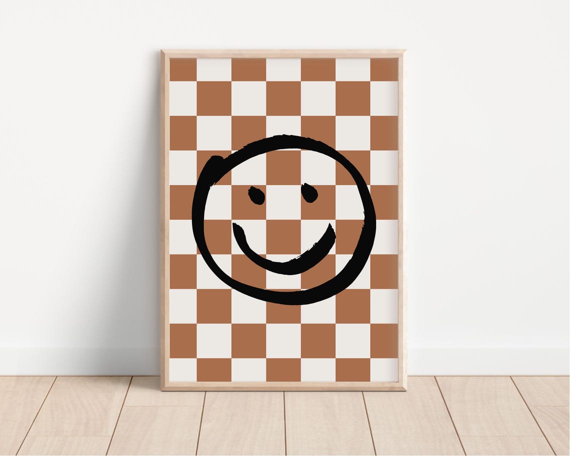 Smiley Face Brown Checkerboard Neutral Retro Happy Room Poster - Image 4