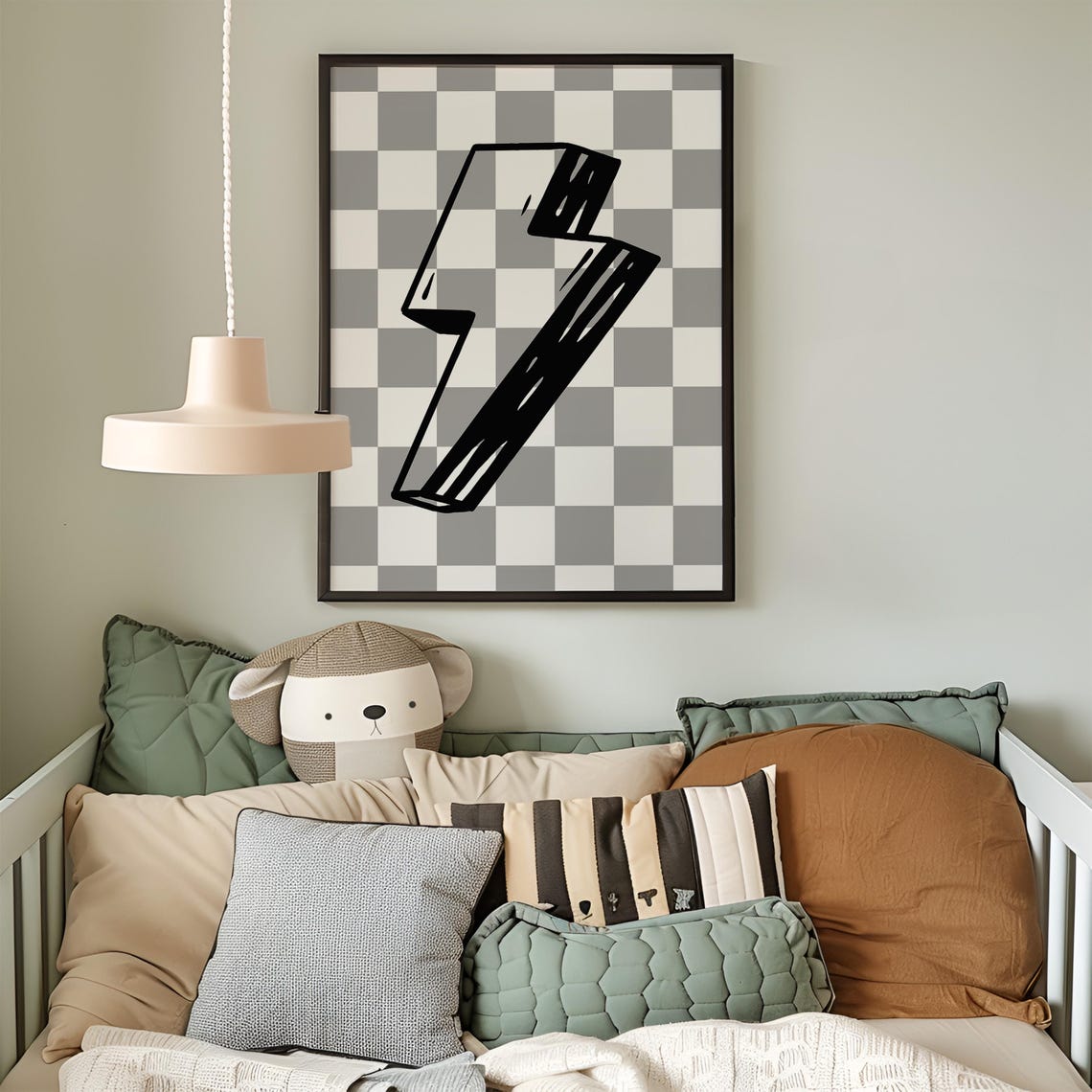 Lightning Bolt Grey Checkerboard Neutral Kids Room Art Poster - Image 2