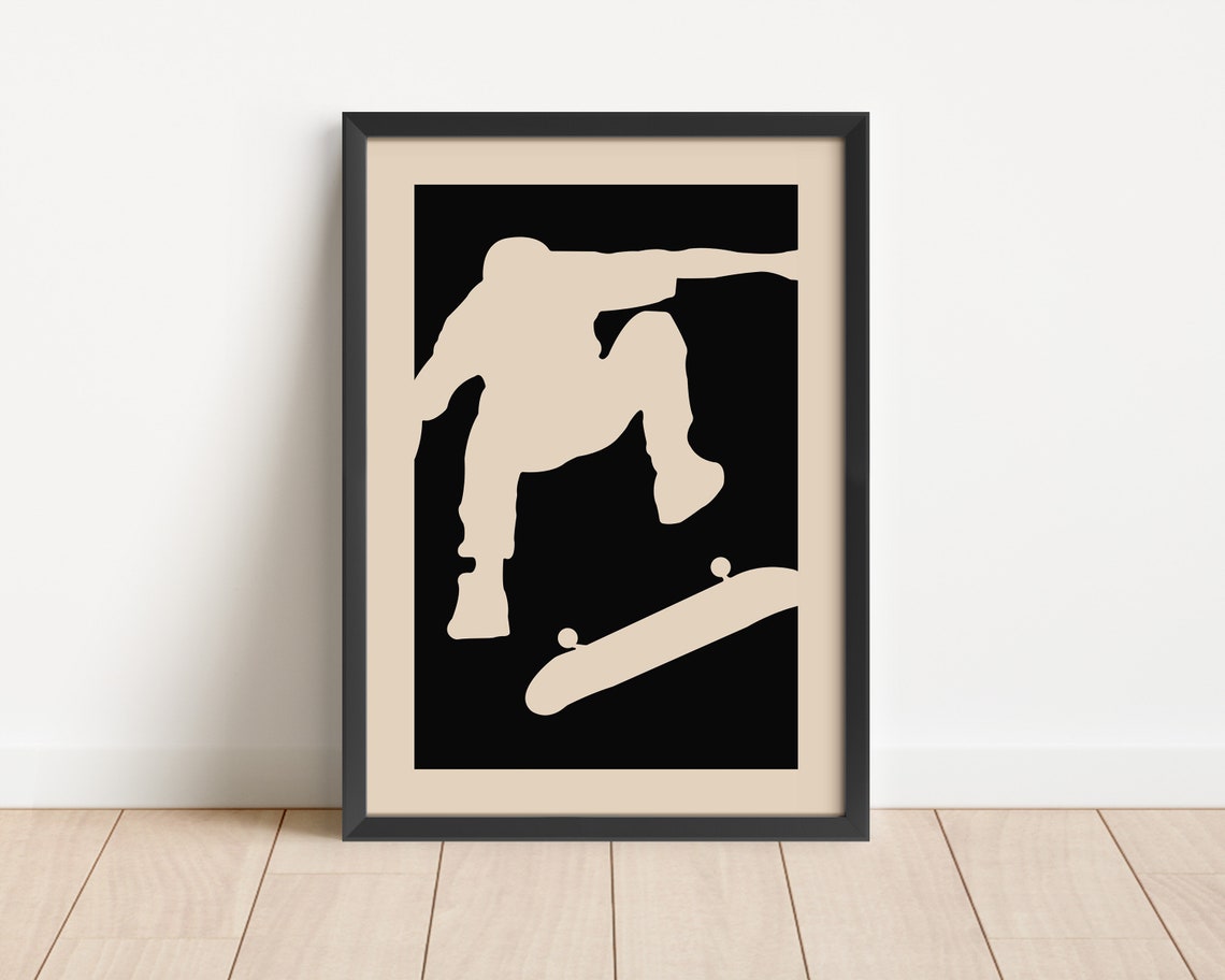 Skateboarder Kickflip Silhouette Black Tan Kids Room Sports Poster - Image 3