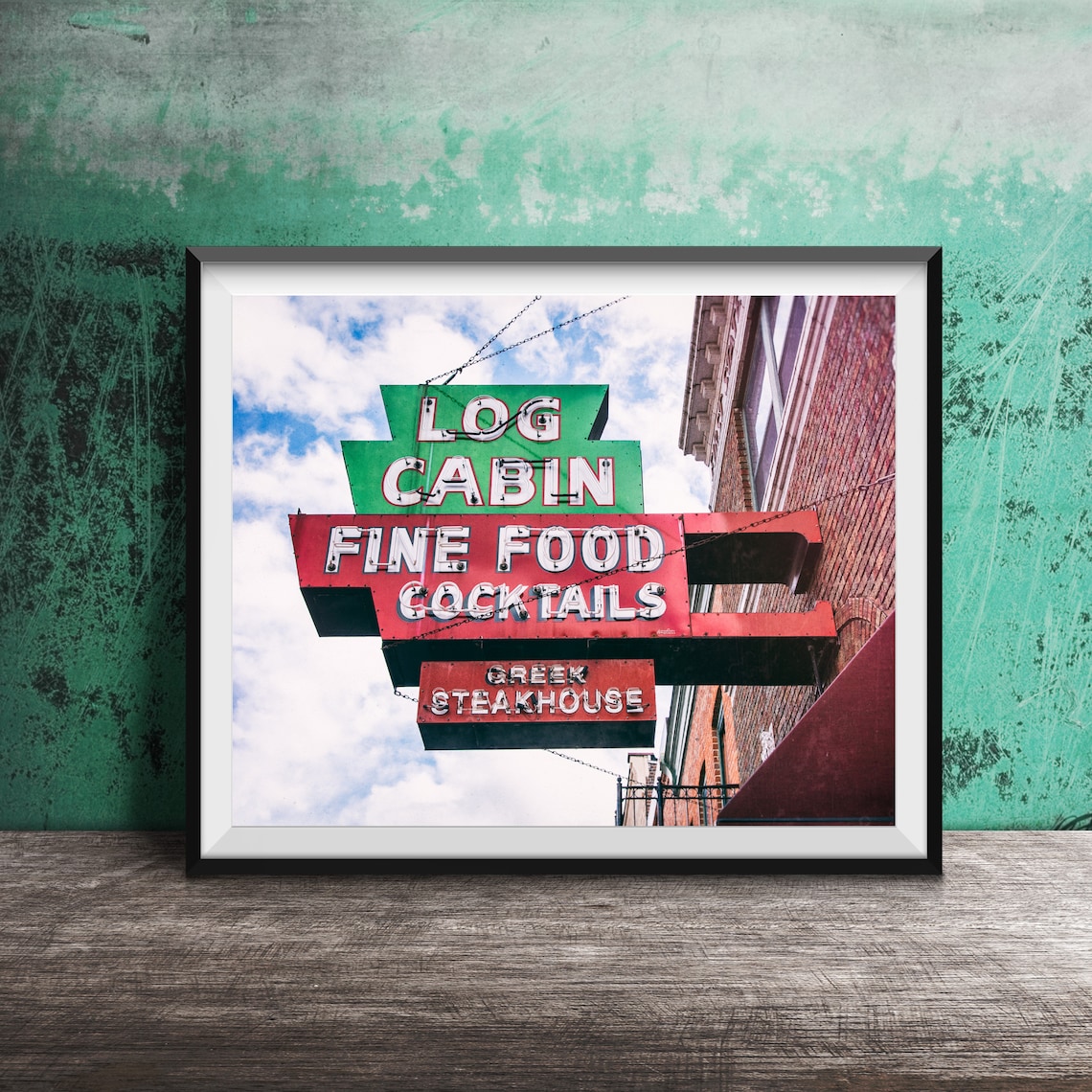 Log Cabin Fine Food Cocktails Greek Steakhouse Neon Sign Poster