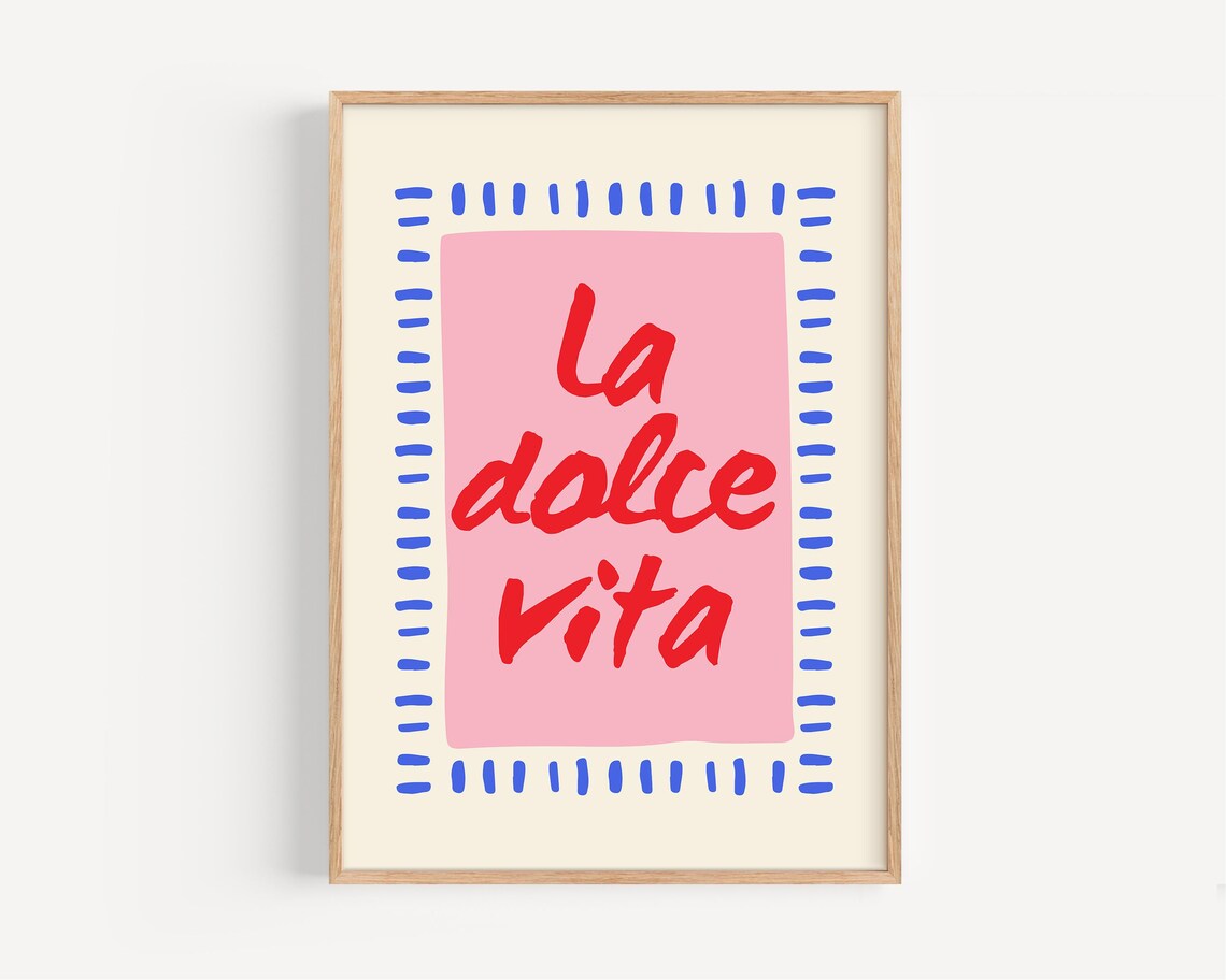 La Dolce Vita Italian Quote Pink Blue Modern Typography Wall Art