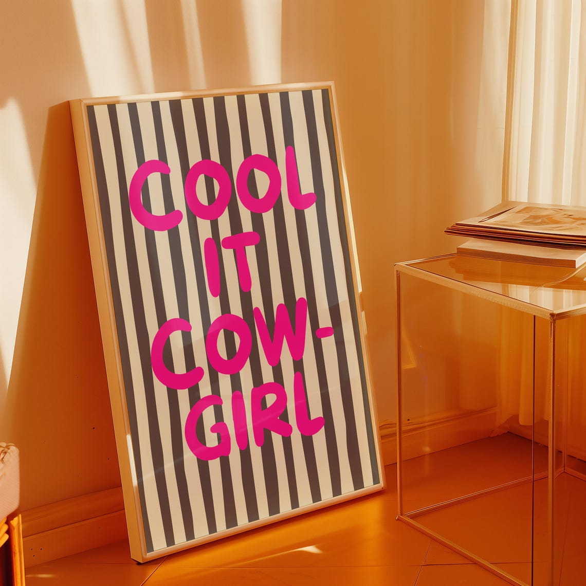 Cool It Cowgirl Wall Art Retro Western Pink Striped Decor Bold Inspirational Quote For Bedroom Dorm Instant Gift - Image 2