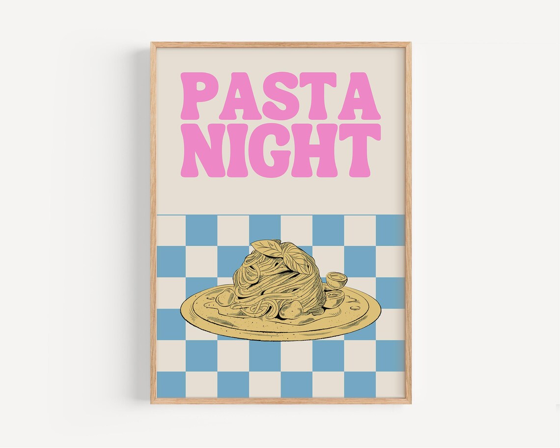 Pasta Night Retro Pink Lettering Checkerboard Italian Food Poster