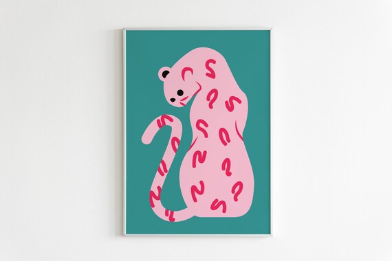 Pink Leopard On Teal Cute Jungle Cat Minimalist Decor Art Poster
