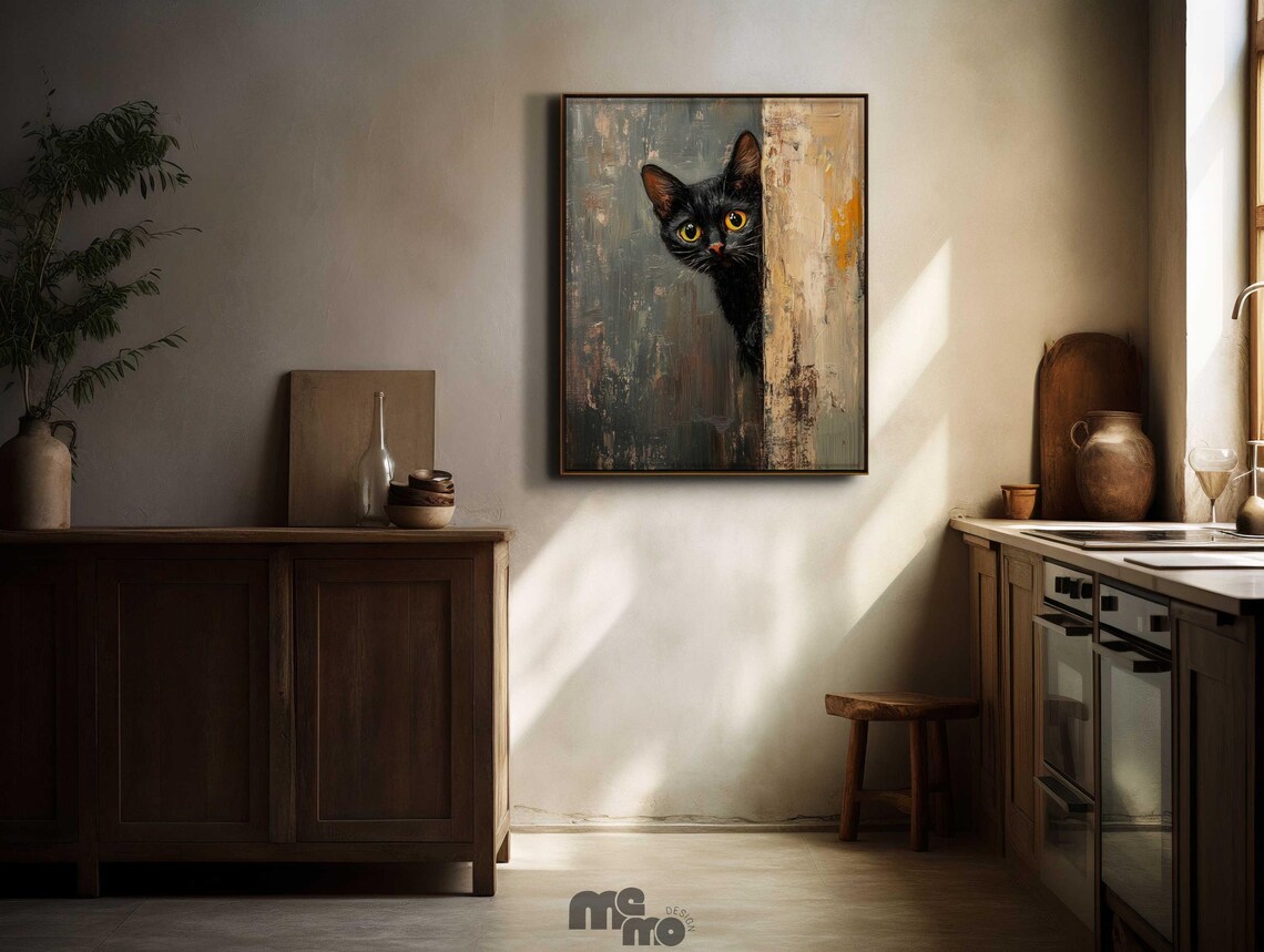 Black Cat Peeking, Funny Curious Cat Oil Painting - Image 5