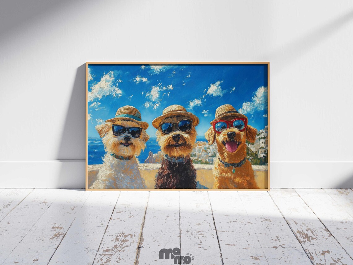 Three Dogs in Sunglasses and Straw Hats on a Beach Vacation Art Poster
