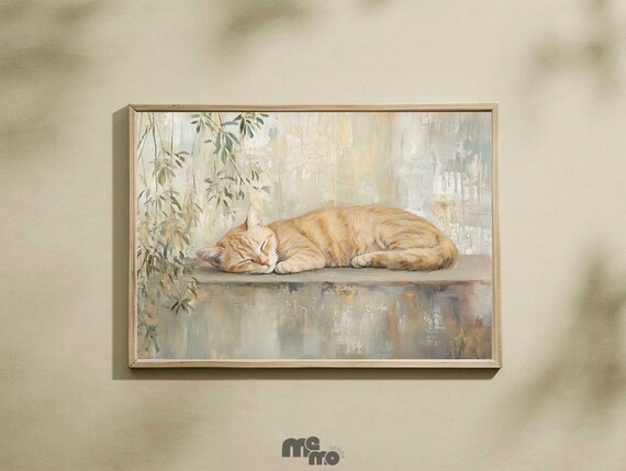 Sleeping Orange Tabby Cat Minimalist Calm Oil Painting Poster