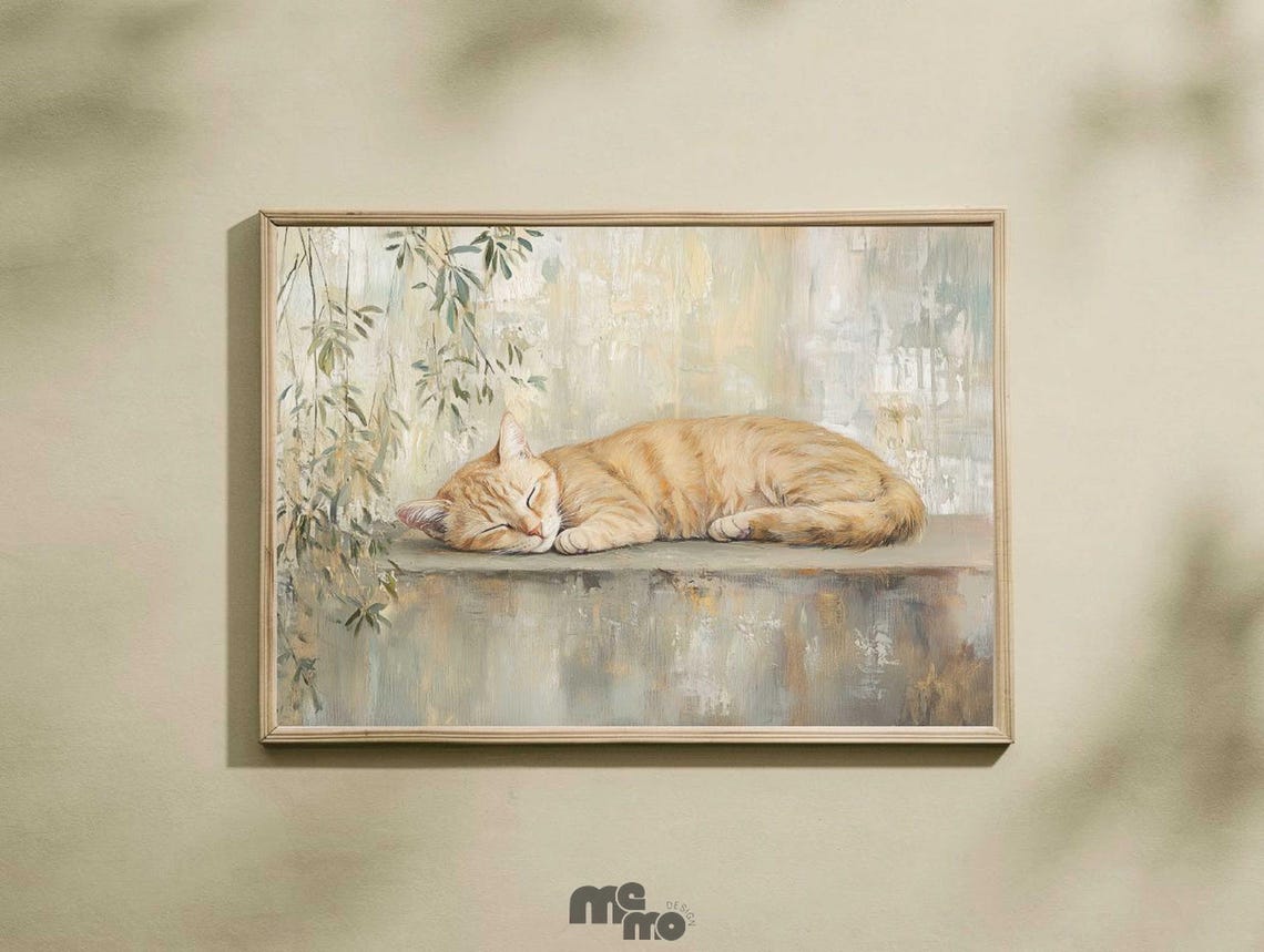 Sleeping Orange Tabby Cat Minimalist Calm Oil Painting Poster