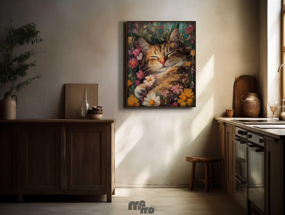 Sleeping Maine Coon Cat, Floral Meadow Art Print - Image 5