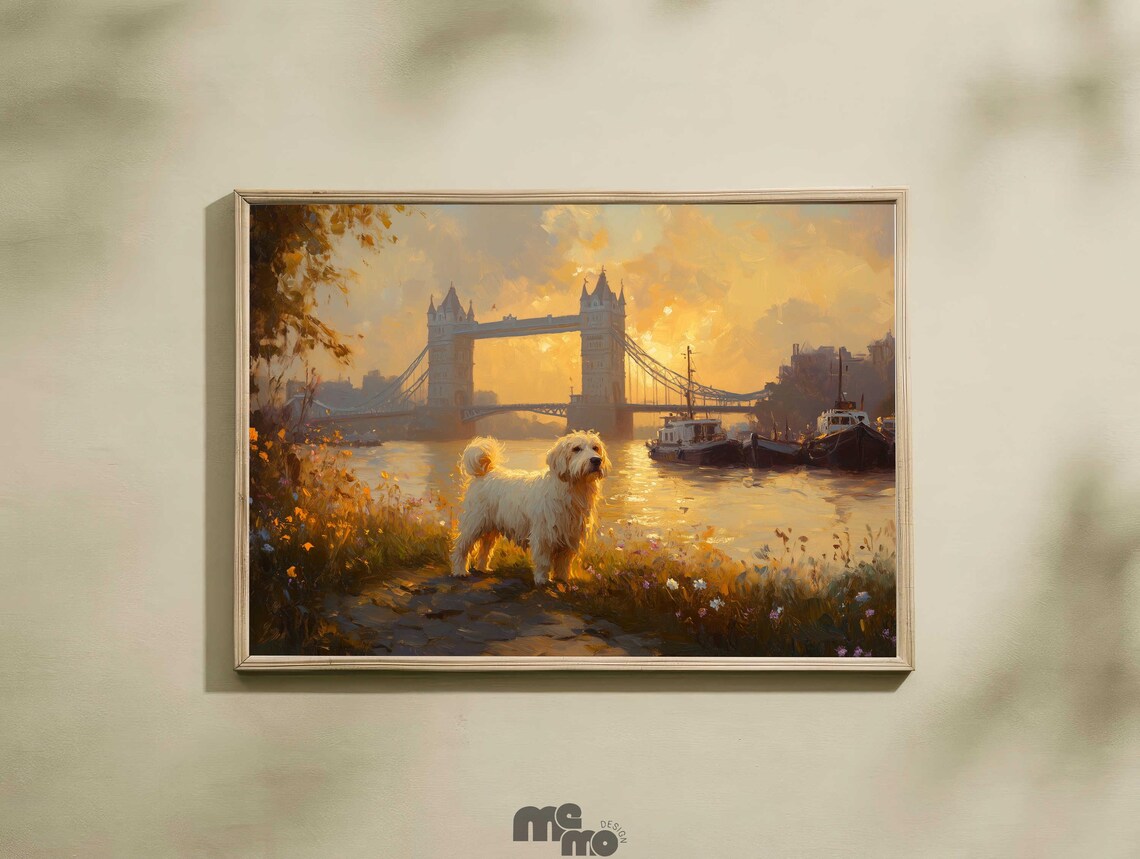 White Dog Tower Bridge Sunset Oil Painting Poster London Thames Scene