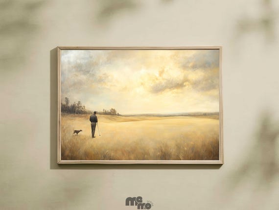 Golf And Dog Wall Art Golden Field Landscape Print Golfer Pet Lover Gift Peaceful Animal Painting For Home Decor