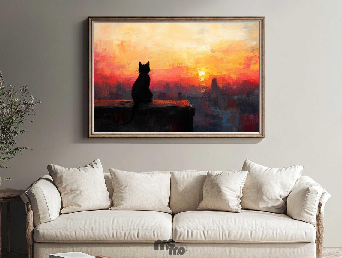 Black Cat Watching Sunset, Rustic Cozy Home Decor - Image 3