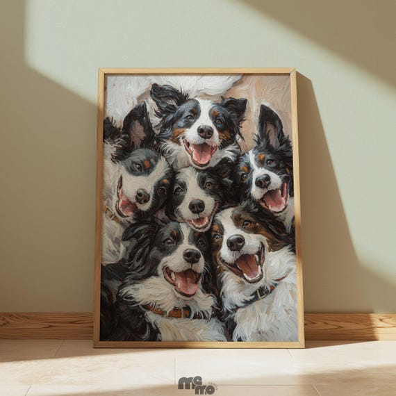 Happy Border Collie Dog Wall Art Print Funny Group Pet Portrait Painting Playful Puppy Oil Style Decor Gift For Lover Home
