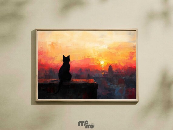 Black Cat Watching Sunset, Rustic Cozy Home Decor