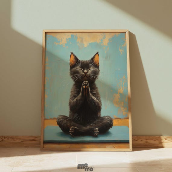 Meditating Black Cat Wall Art Zen Yoga Print Mindfulness Pet Painting For Meditation Room And Lover Gift
