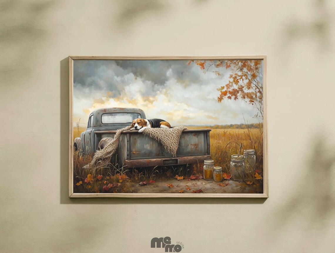 Beagle Dog Fall Truck Art Print, Rustic Autumn Decor