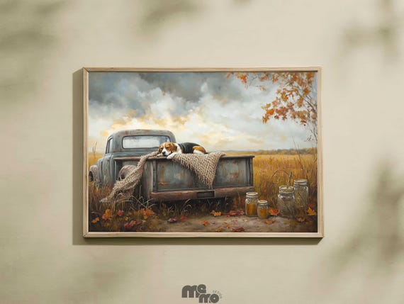 Beagle Dog Fall Truck Art Print, Rustic Autumn Decor