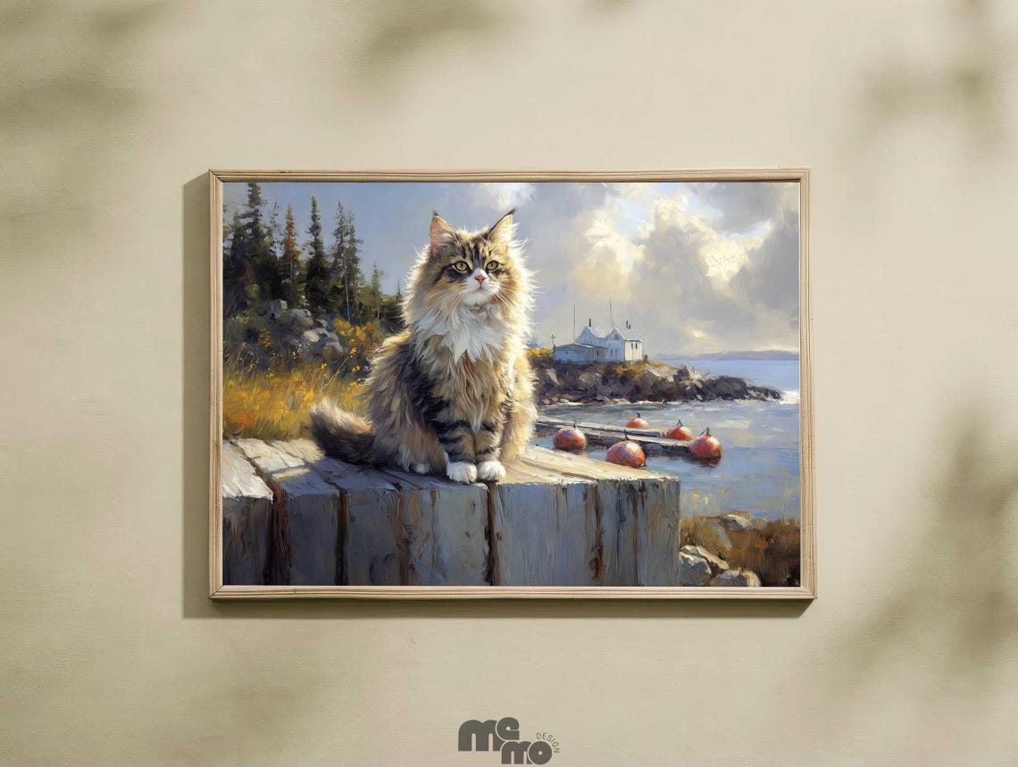 Maine Coon Cat Sitting on Coastal Dock Rustic Seaside Art Poster