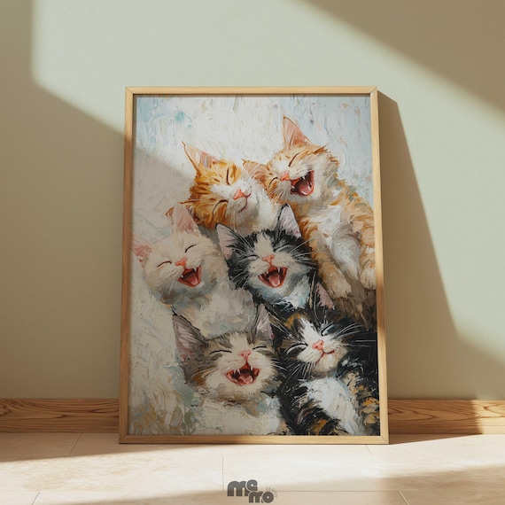 Happy Laughing Kittens Oil Painting Funny Cute Cats Group Print