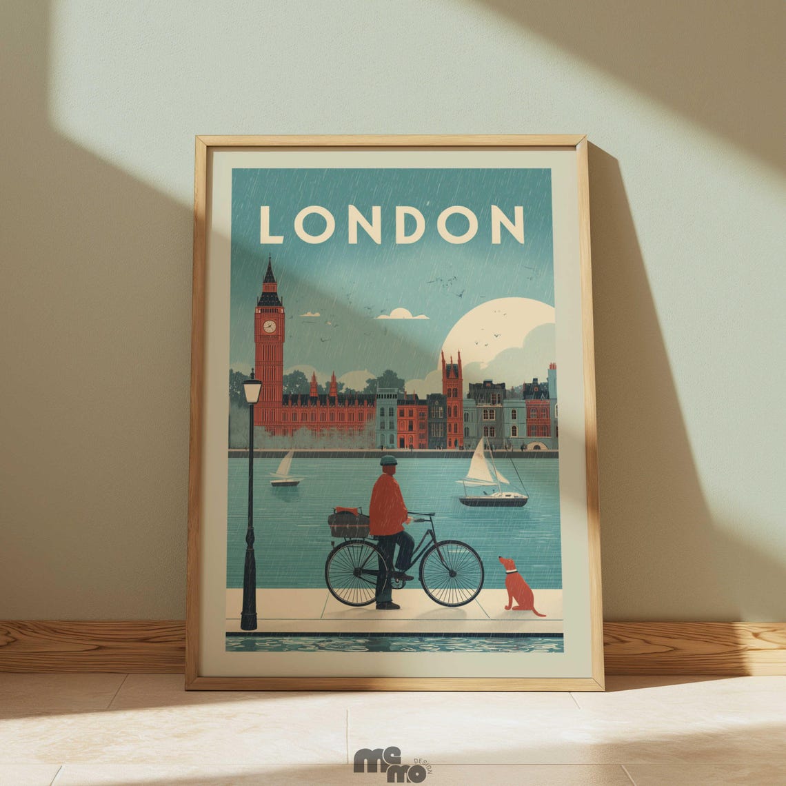 Retro London Big Ben Cyclist And Dog Thames Riverside Wall Art