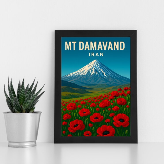 Mt Damavand Iran Snow Peak Red Poppies Vintage Travel Art Poster