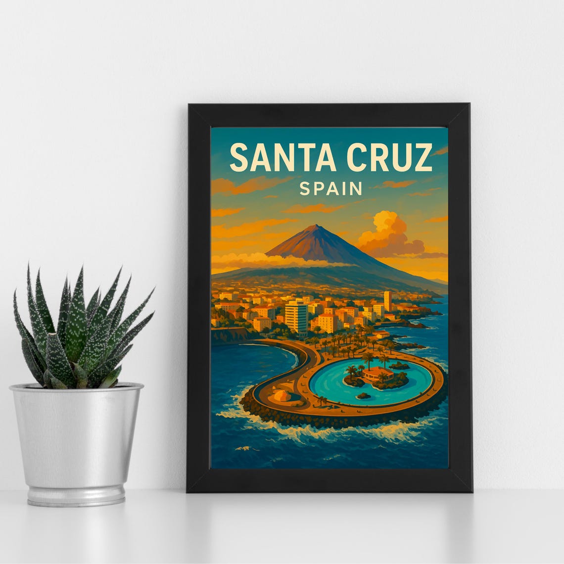 Santa Cruz Spain Volcano Coastline Harbor Sunset Travel Poster