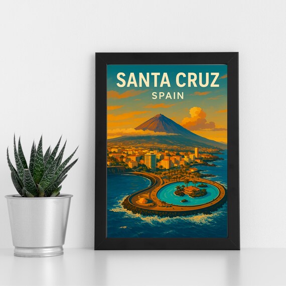 Santa Cruz Spain Volcano Coastline Harbor Sunset Travel Poster