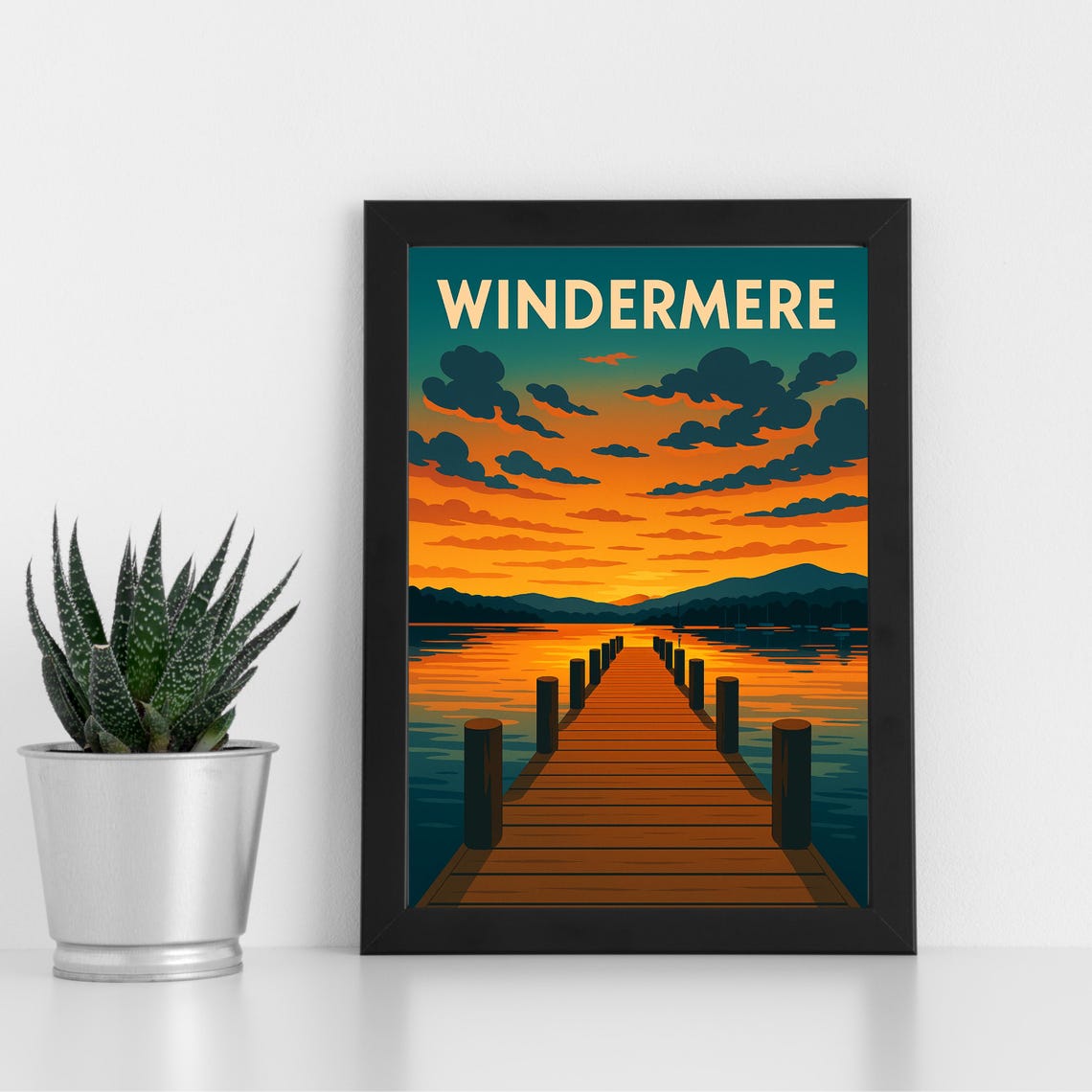Windermere Lake District Sunset Jetty Golden Sky Vintage Travel Poster