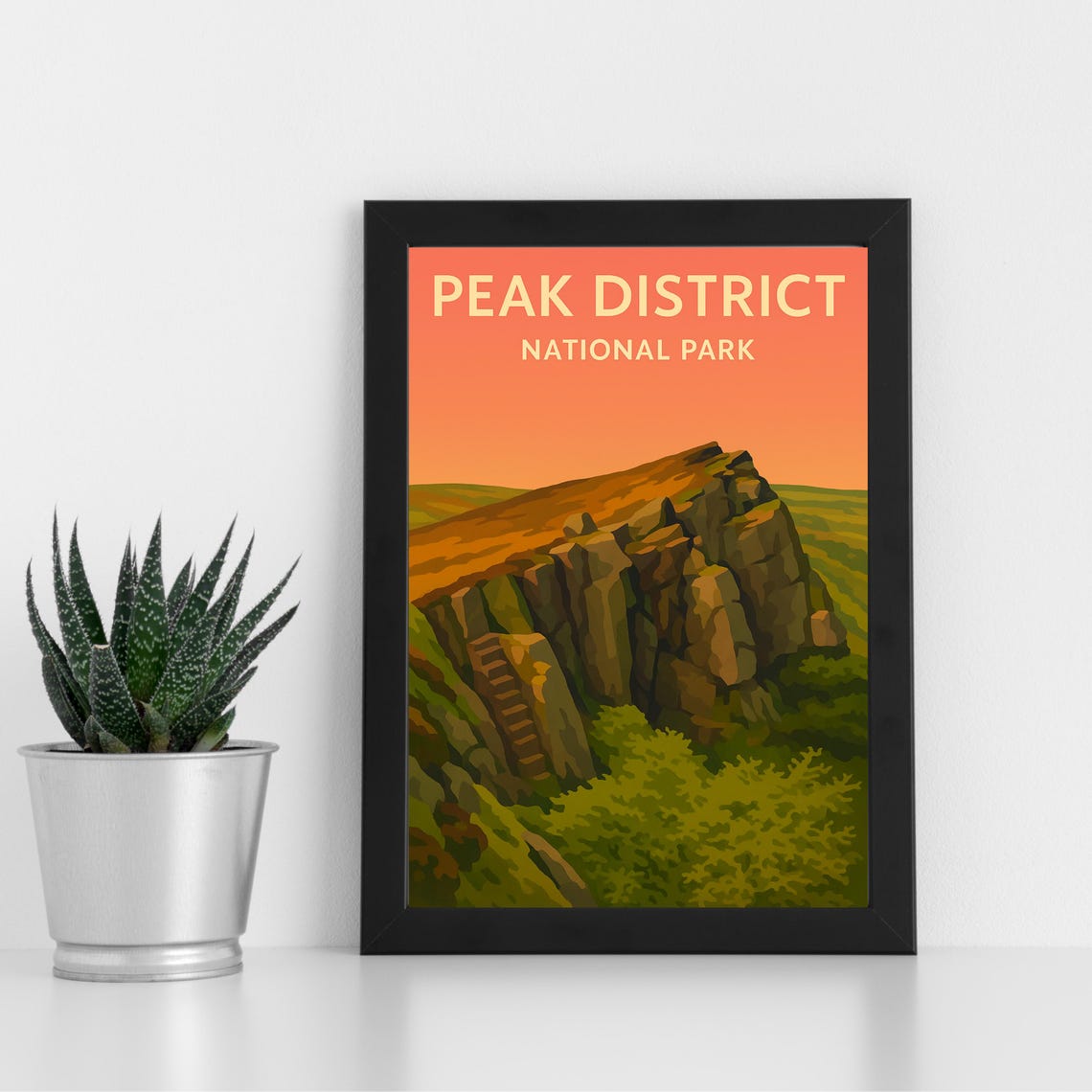 Peak District National Park Rocky Tor Sunset Vintage Travel Poster