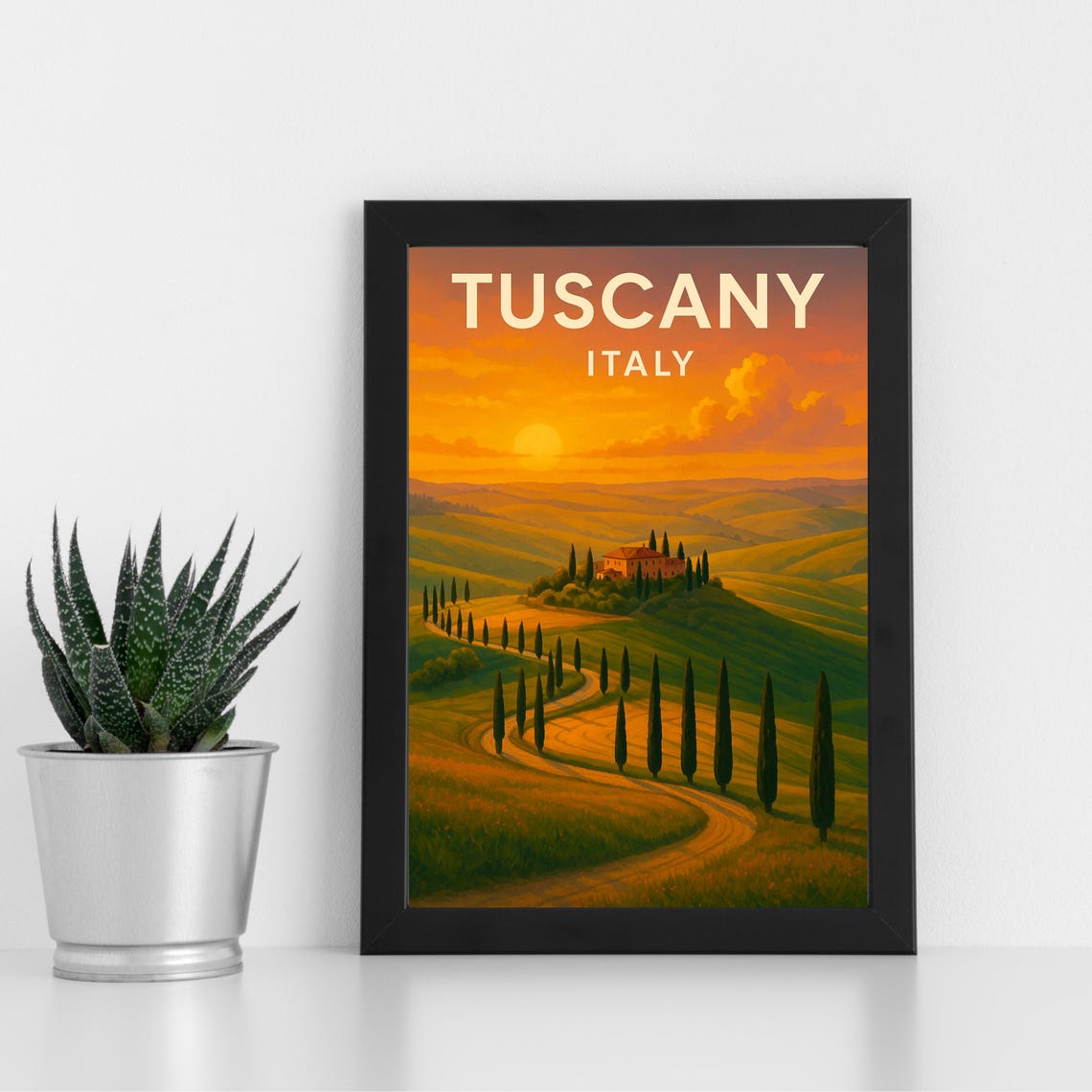 Tuscany Italy Rolling Hills Cypress Sunset Vintage Travel Poster