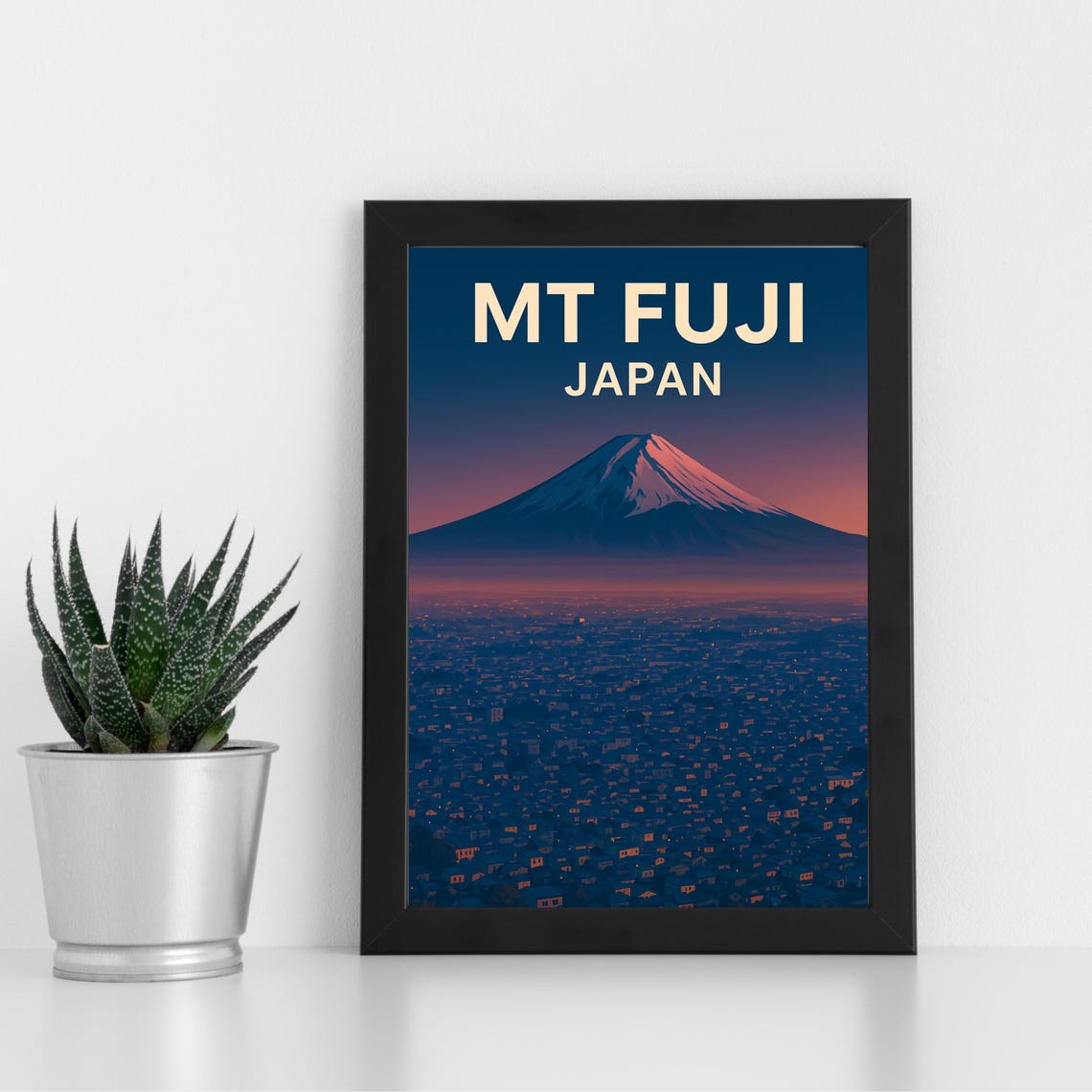 Mount Fuji Japan Sunset Glow Peak View Over City Lights Art Poster