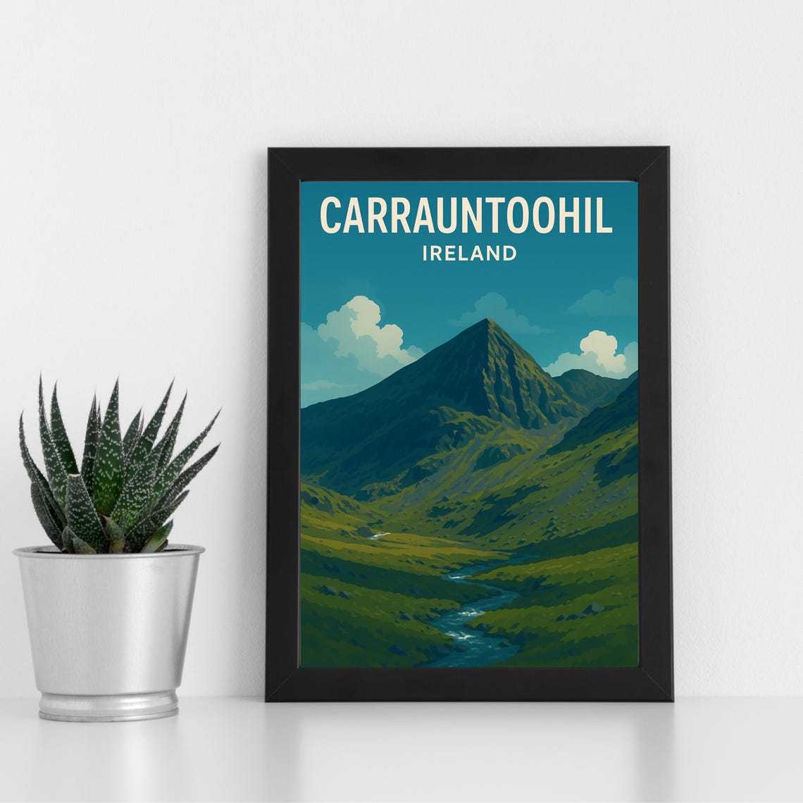 Carrauntoohil Ireland Retro Mountain Peak Green Valley Poster