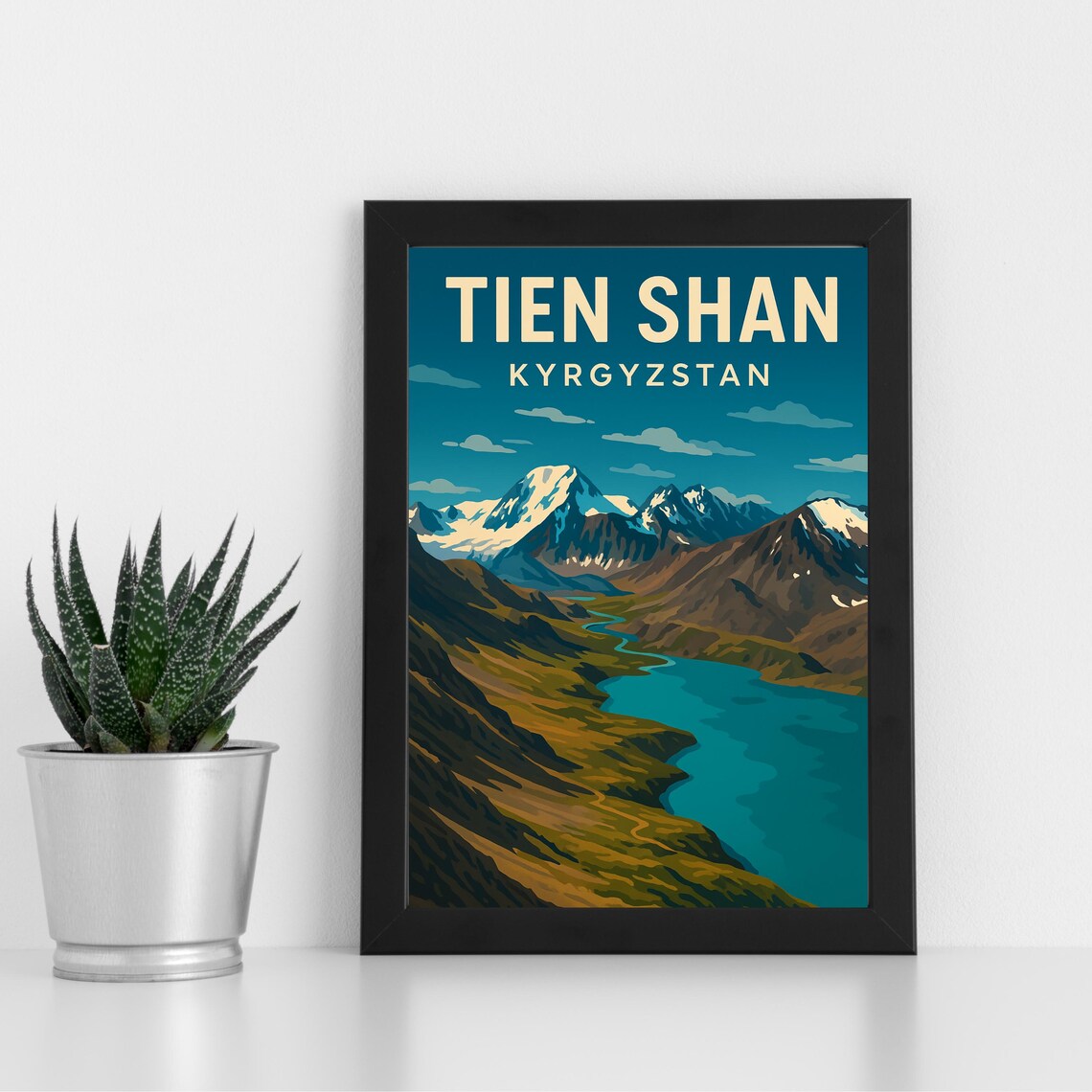 Tien Shan Kyrgyzstan Retro Travel Poster Alpine Lake Peaks Art