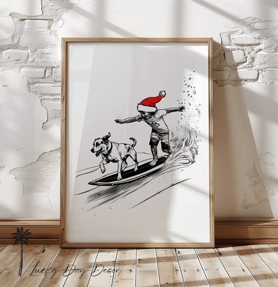 Boy Surfing with Dog Santa Hat Coastal Christmas Sketch Wall Art