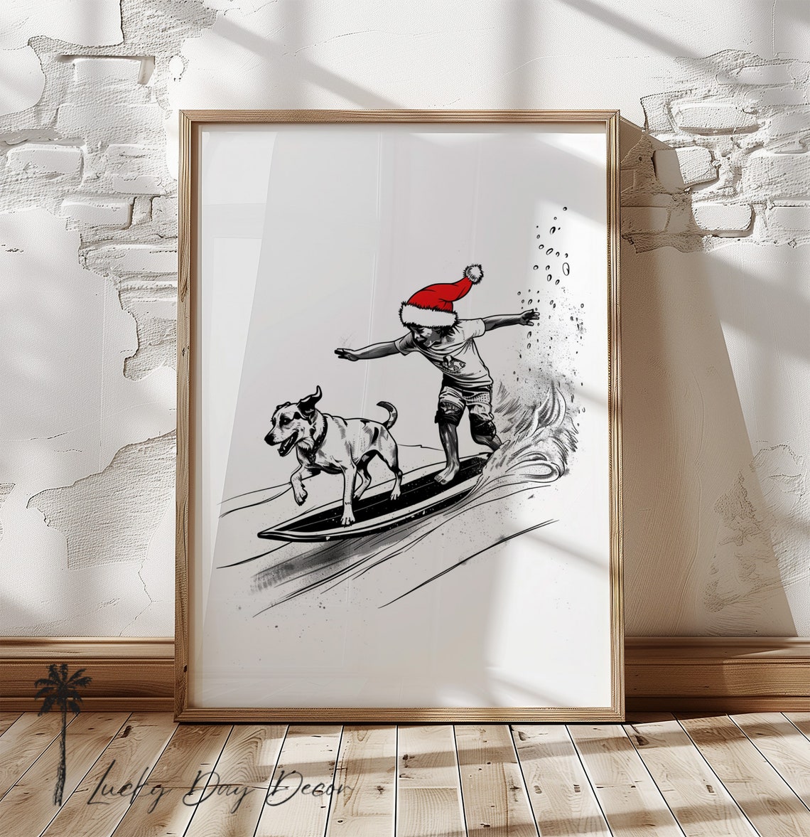 Boy Surfing with Dog Santa Hat Coastal Christmas Sketch Wall Art