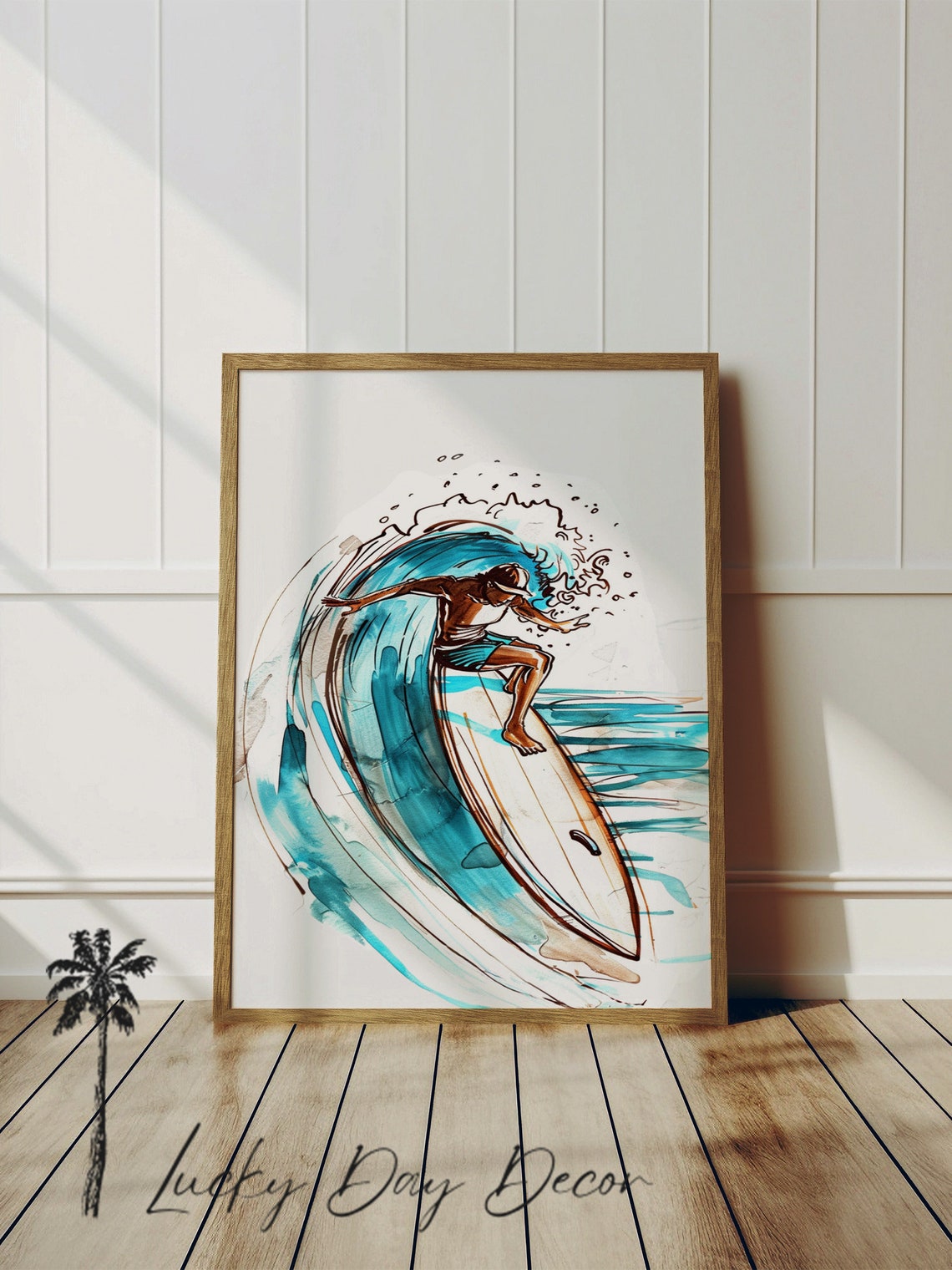Surfer Riding Barrel Wave Watercolor Wall Art Turquoise Surf Sketch