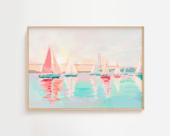 Pastel Sailboat Regatta Colorful Bridge Seascape Painting Art Poster