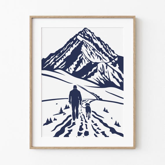 Dad Dog Mountain Walk Outdoor Print Hiking Wall Art Cabin Decor Navy Blue Transparent Sketch